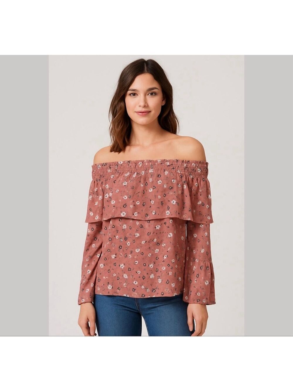 VERONICA M. Mauve Floral Off The Shoulders Blouse Top Neutral Browns Size Small